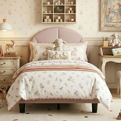 Cama Infantil Niña Princesa 90x200 cm, Cama Individual Tapizada en Terciopelo con Cabecero Concha Ajustable y Somier de Láminas - Rosa