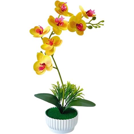Orchidée phalaenopsis artificielle en pot avec 7 têtes de fleurs réalistes en soie réaliste pour la maison, le bureau, la décoration de table de mariage (jaune) (1/5)