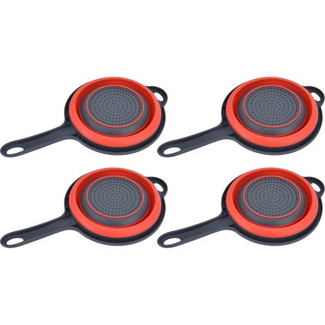Lot de 4 passoires rondes pliables avec poignée et trou de suspension, rouges, idéales pour les pâtes, les légumes et les fruits. (1/5)