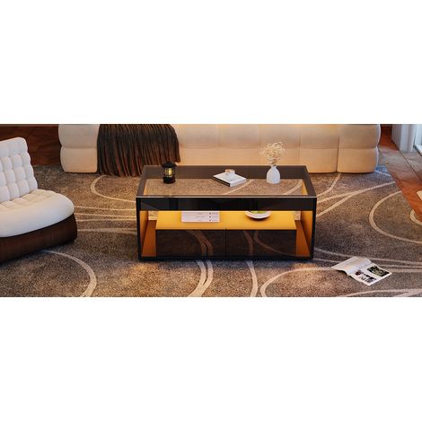 Table basse moderne avec éclairage LED 16 couleurs, rectangulaire, avec 2 grands tiroirs, table de salon spacieuse en verre, design double niveau, finition brillante, grande table de salon, noire (1/5)