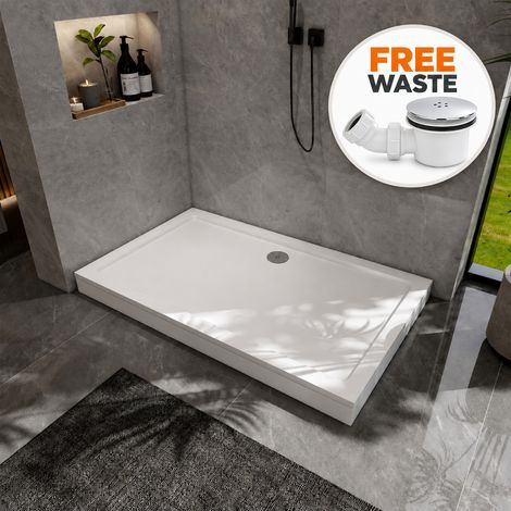 Low Profile 1100x700mm Rectangular Stone Shower Tray with Riser Kit & Waste Trap for Walk In Wet Room (1/5)