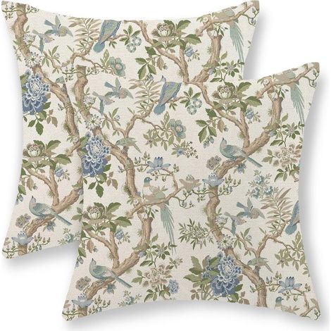 Lot de 2 housses de coussin décoratives vintage en lin à motif d'oiseaux bleus et verts 45 x 45 cm, style chinois, pour canapé, décoration d'intérieur