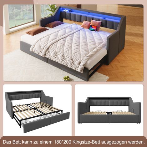 Canapé-lit convertible gris 90x200 cm, avec ports USB et Type-C, bande lumineuse LED, 2 tiroirs de rangement et poches latérales, transformable multifonction livré sans matelas (1/4)