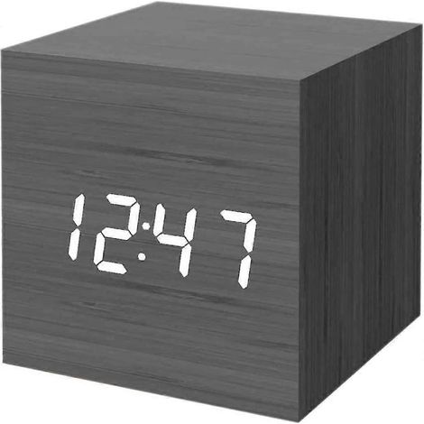 Réveil numérique, réveil en bois, horloge de bureau à piles USB, horloge cube (1/5)