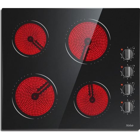 Hobsir Plaque Vitrocéramique Boutons, Plaque de Cuisson Vitroceramique 4 Feux, 59cm, 9 Niveaux de Puissance, 6000W, Verre Noir, Bouton de Commande, Fil Dur, Pas de Prise (1/5)