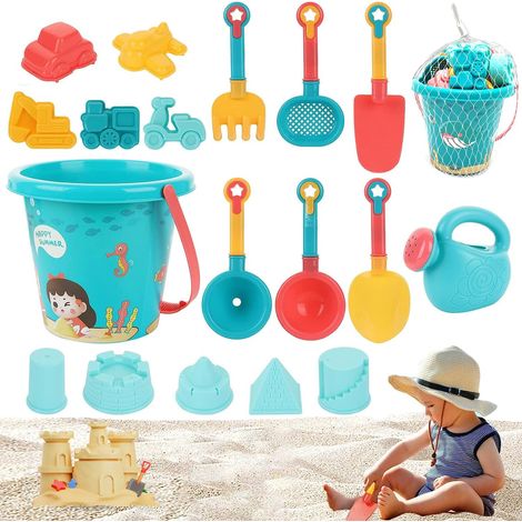 Set da gioco da spiaggia per bambini, set di 18 pezzi con giocattoli da spiaggia, giocattolo da sabbia con sacchetto a rete, secchiello da spiaggia, palette, rastrelli, castello da spiaggia, per sabbi
