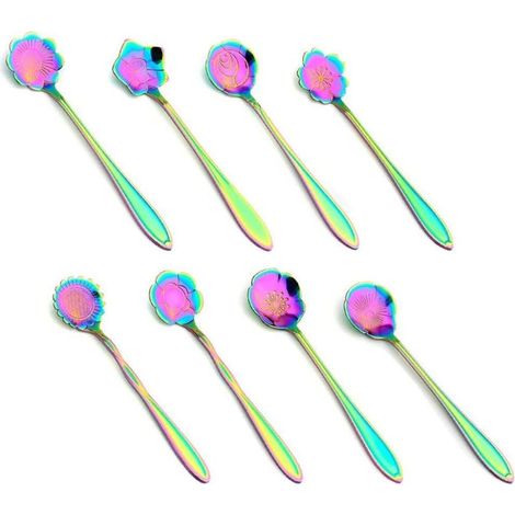 Ensemble de 8 Cuillères à café, Acier inoxydable, Motif fleurs et arc-en-ciel, Pour sucre et mélange, Usage quotidien et fêtes (1/5)