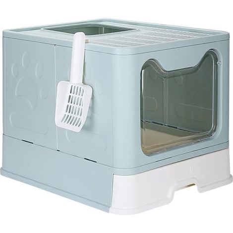 Foldable Cat Litter Box with Lid, Hooded Cat Litter Box with Drawer Pan and Scoop, Odor Control Easy Clean Litter Box, Blue, 51 x 41 x 38 cm (1/5)