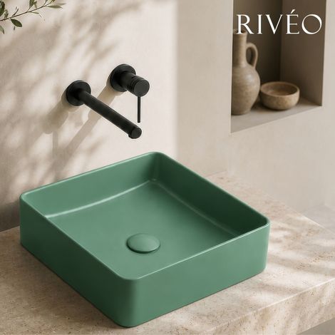 Vasque à poser carré arrondi 36,5 x 36,5 cm vert olive en céramique mate avec bonde clic-clac assortie incluse - Rivéo