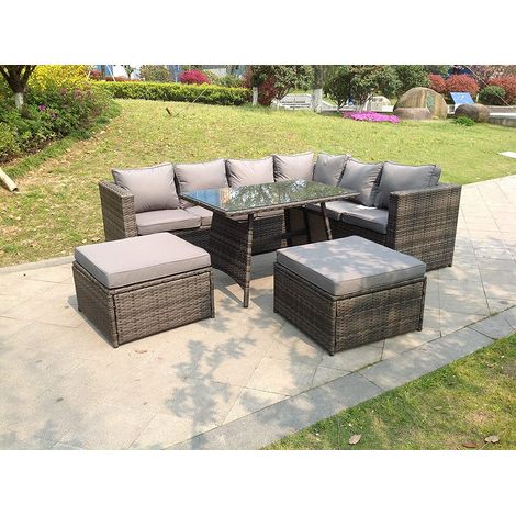8 Seater Grey Rattan Corner Sofa Set Dining Table 2 Big Footstool Garden Furniture Outdoor With Clear Tempered Glass (1/2)