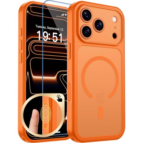 La conception magnétique est adaptée à la coque pour iPhone 17 Pro Max. Coque de protection semi-transparente mate résistante aux chocs pour téléphone, couleur orange étoilé. (1/5)