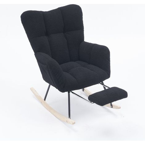 009B Nouveau fauteuil à bascule moderne rembourré avec revêtement en tissu teddy et repose-pieds escamotable, noir (1/5)