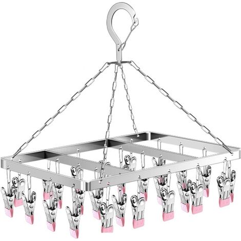 Pivotant Coupe-Vent accroche-Chaussettes, Cintre à Chaussettes pour Corde à Linge, Séchoir à Chaussettes en Acier Inoxydable Crochet tournant, 26 Clips Séchoir à sous-vêtements avec piquets(Rose) (1/5)