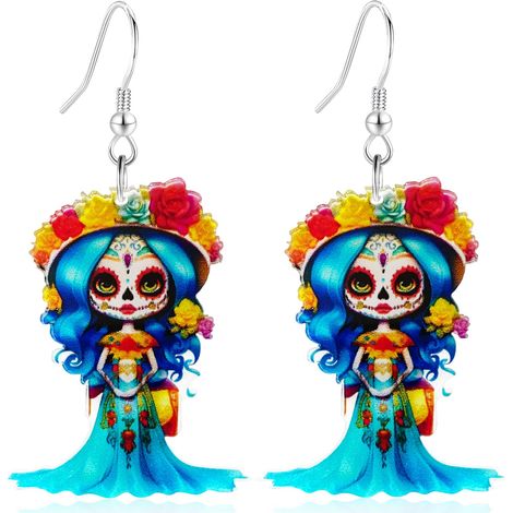 Boucles d'oreilles pendantes en acrylique, motif poupée morte-vivante pour le Jour des Morts - Couronne florale colorée, bijoux légers pour Halloween et cosplay, parfaits pour les fêtes costumées et l (1/5)
