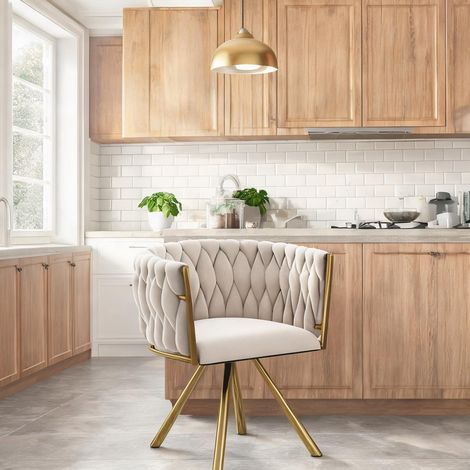 Fauteuil de salle à manger en velours beige et doré pivotant 360° (1/5)