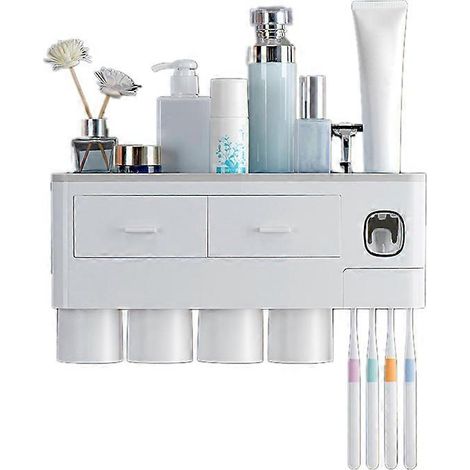 Support mural porte-brosse à dents multifonction aimanté, rangement salle de bain avec tiroir et distributeur de dentifrice (1/5)