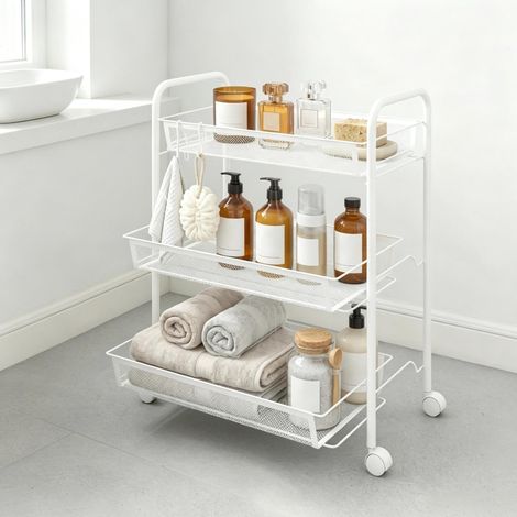 Stahl-Rollwagen mit 3 Körben und Rollen, Weiß, 45 x 26,5 x 63 cm, OKWISH (1/5)