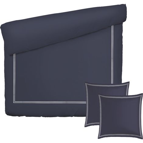 Parure de lit 3 Pièces 2 Personnes - Housse de Couette 260x240 cm et 2 Taie Oreiller 63x63 cm – 100% Satin de Coton, 80 Fils – Calanques – Blanc et Bleu foncé (1/5)