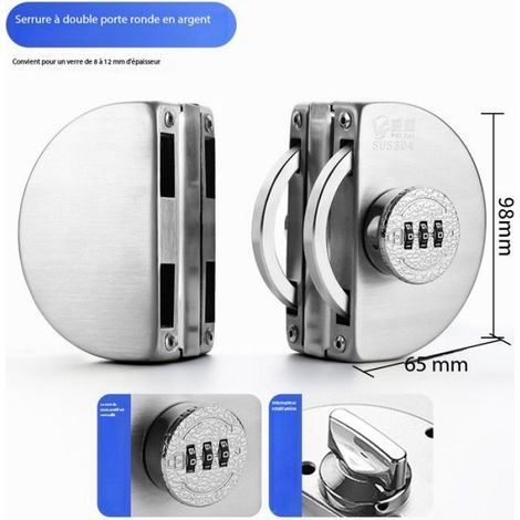 Serrure pour porte coulissante en verre - - Cylindre rond - Acier inoxydable - Installation facile (1/2)