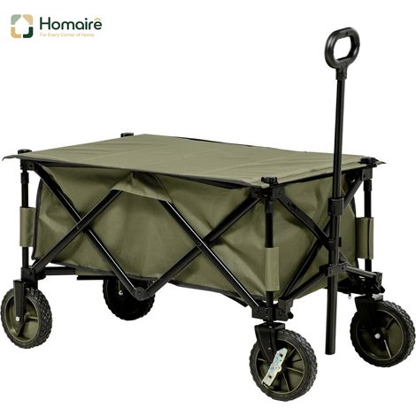 HOMAIRE Strandwagen klappbar 4 Räder avec plane abnehmable, Griff réglable, Tablett inclinable et 5 poches de rangement vert
