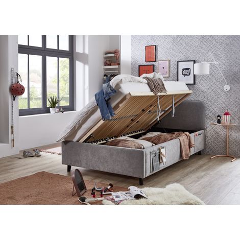 Meise Möbel Stauraumbett Cosy 140x200 cm Doppelbett Bettkasten & Lattenrost (Federholzrahmen) USB Strukturstoff Grau Holzfuß schwarz (1/5)