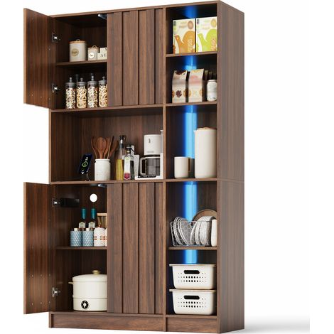 Armoire de Cuisine avec LED et Prise, Buffet Haut 180x105x40 cm, Étagère à Épices Coulissante, Porte-Bouteilles, Vitrine Salle à Manger en MDF (1/5)