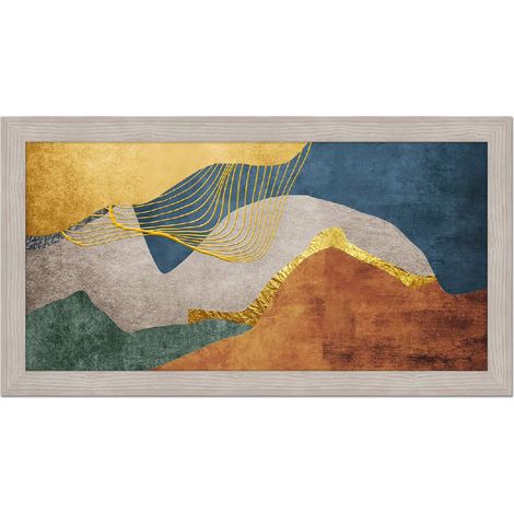 Lupia - Quadro moderno, per soggiorno camera da letto, con cornice BOSTON colore BEIGE, 60x110 cm, COLORFUL DESERT stampa su pannello in legno, stile astratto blu, verde marrone oro (1/4)