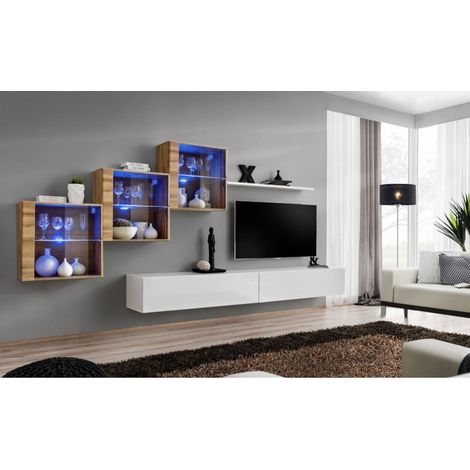 Ensemble mural - Switch XX - 3 vitrines - 2 bancs TV - 1 étagère - Bois et blanc - Modèle 1 - Livraison gratuite