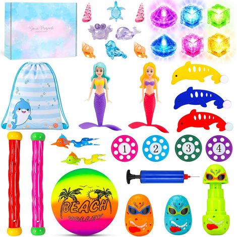 34 Pieces Diving Toys, Swimming Toy for Swimming Pool with LED Light Cubes and Crystal Diamonds, Children's Pool Games with Beach Balls and Spinning Mermaid (1/5)