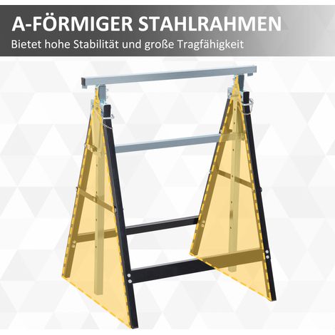 Lot de 2 tréteaux pliables, charge max 200 kg, hauteur réglable 80-130 cm, chevalet de sciage en acier noir, support de chantier (1/4)