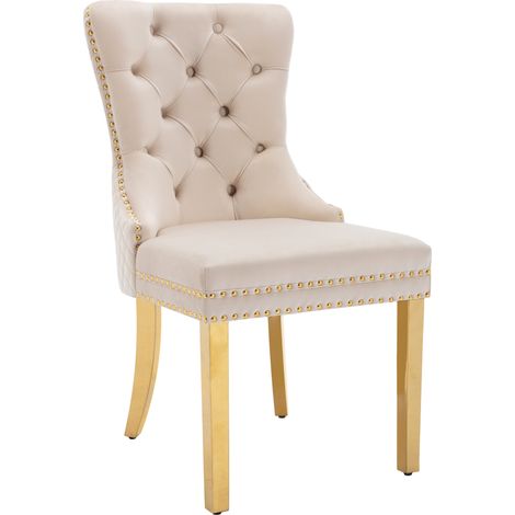 Set 2 sedie da pranzo imbottite in velluto beige con borchie e gambe in acciaio inox dorato MODENUIT (1/5)