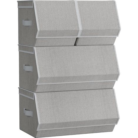 Boîte de Rangement avec Couvercle, Lot de 4, Coffre, Panier, Empilable, avec Fermetures Magnétiques, en Tissu, Cadre en Métal, pour Vêtements, Livres, Gris Tourterelle (1/5)