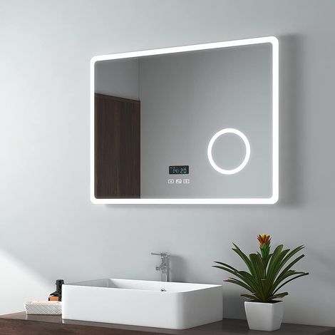 EMKE Bluetooth Bathroom Mirror with LED Lights 800 x 600mm, Bathroom Bluetooth Mirror with Demister, Dimming, 3x Magnifier