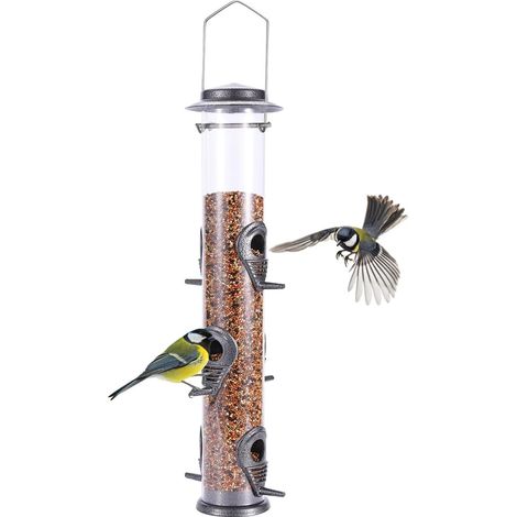 1 Mangeoire à oiseaux, tube transparent, 6 perchoirs aluminium, résistant intempéries, jardin extérieur