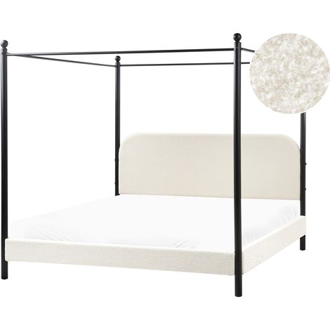 Cama con dosel de metal negro retro minimalista somier de listones madera de álamo tapicería de bouclé blanco 180 x 200 cm Dannemois