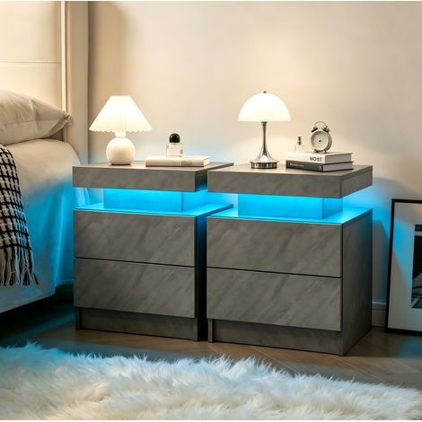 MEUBLIV Table de chevet LED 50 x 36 x 53 cm gris foncé – 2 tiroirs, lot de 2 pièces (1/5)
