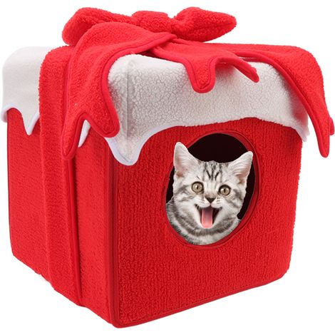 Panier de Noël pour chat, style boîte de Noël, doux et confortable, couleurs vives, tente de Noël pour chat rouge (1/5)