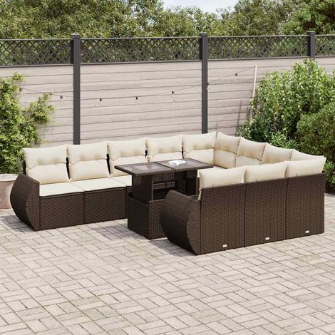Salon de jardin 11 pièces en résine tressée marron avec coussins et table relevable - PANGIVO (1/5)