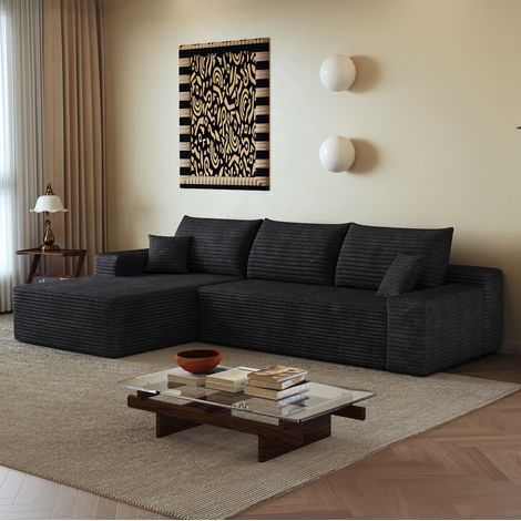 Divano ad angolo 270 cm nero in tessuto corduroy con chaise longue reversibile e design modulare