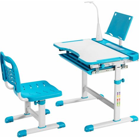 Table et chaise d'étude enfant bleu en MDF et acier avec hauteur réglable, plan incliné, lampe LED et tiroir pour chambre et école (1/5)