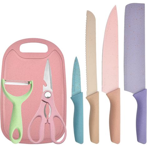 7-teiliges Messerset aus Weizenstroh: Kochmesser, Brotmesser, Schälmesser, Schere, Sparschäler und Schneidebrett (1/5)