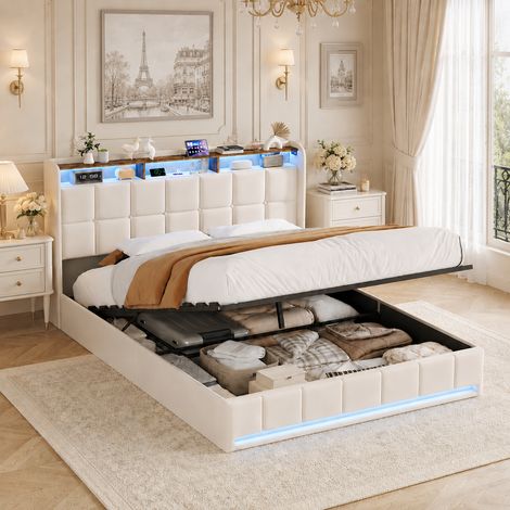 Lit double 160x200 avec rangement, cadre de lit avec eclairage led, usb ports, tête de lit rembourré et sommier à lattes, beige lin lit adulte (1/5)