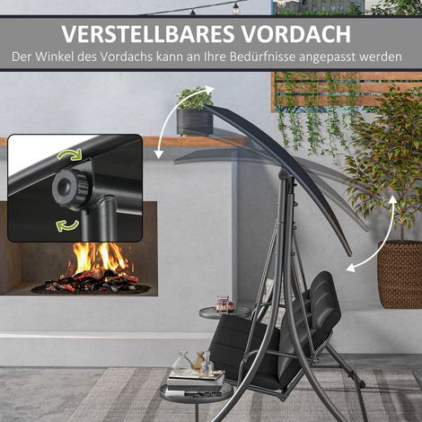 Balançoire de jardin 3 places noire, banc suspendu balancelle avec pare-soleil réglable, 278 x 135 x 177 cm, style Hollywood (1/4)