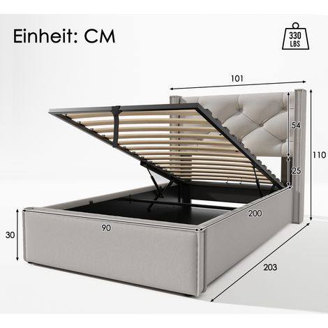 Lit simple 90x200cm avec sommier métallique à lattes, cadre moderne gris clair en coton, coffre de rangement intégré, mécanisme hydraulique