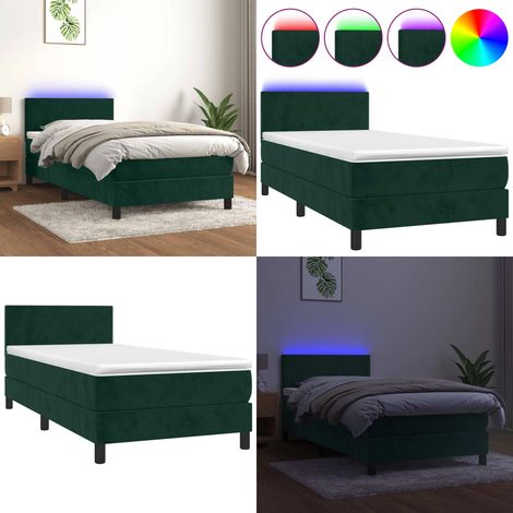 Cama box spring colchón y LED terciopelo verde oscuro 90x200 cm - Colchón con LED - Cama box spring