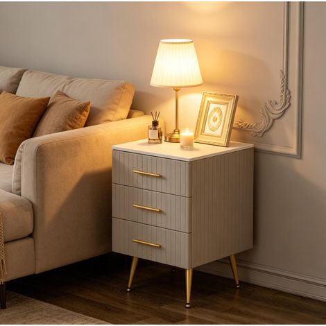 Comodino a 3 cassetti, 40,5 x 41 x 60 cm, grigio, MDF, metallo e velluto HAVRYA (1/5)
