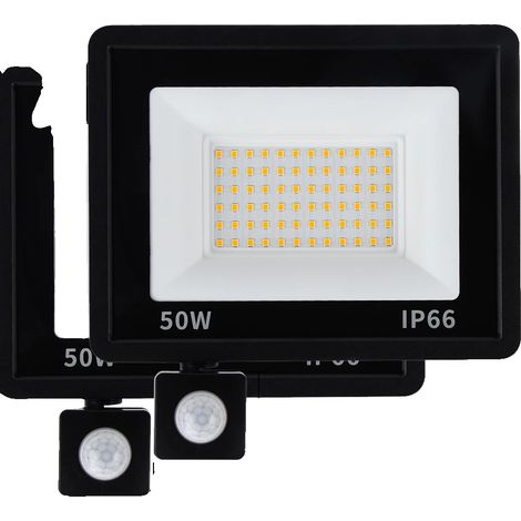 Foco con sensor de movimiento, resistente al agua, 2 unidades, 50 W, con sensor PIR, luz cálida. (1/2)