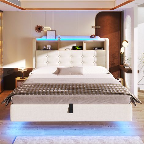 Bett 140x200 cm beige aus Leinen und MDF mit LED-Lichtleiste, hydraulischem Stauraum, USB- und Typ-C-Anschlüssen (1/5)
