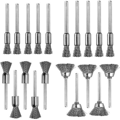 Set mit 20 Edelstahl-Drahtbürsten, darunter 4 verschiedene Größen von runden Stahlborstenbürsten, für Akku-Bohrschrauber und -Schrauber, zum Schleifen, Polieren und Entfetten (1/5)