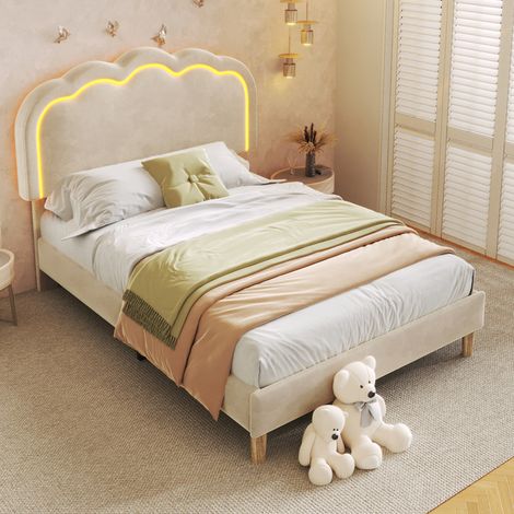 Upholstered Bed, 3ft 90x190cm Single Bed with LED, Bed Frame with Wooden Slats and Adjustable Height Headboard, Teen Bed for Bedroom and Guest Room, Beige, Velvet Material, Without Mattress.
